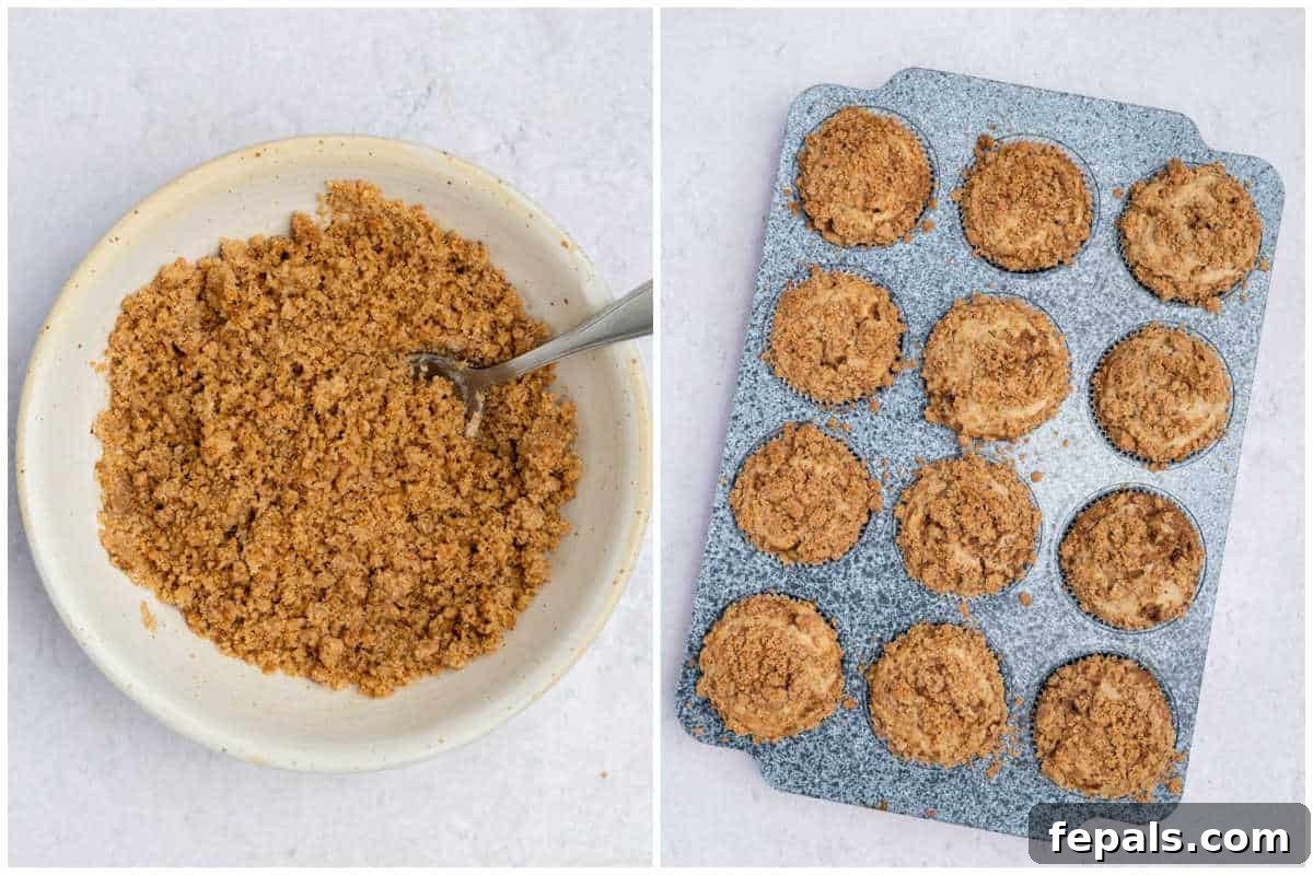 process shot to add streusel topping on the muffins in pan