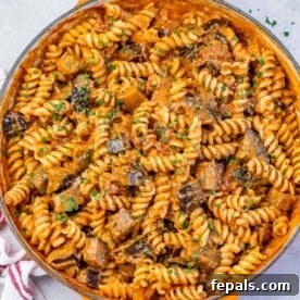 Vegetarian Pasta Recipes for Flavorful Weeknight Dinners 11 pasta with eggplant and tomato sauce in a skillet.