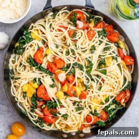 Vegetarian Pasta Recipes for Flavorful Weeknight Dinners 20 a skillet with tomato pasta with kale.