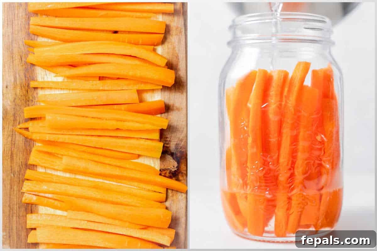 Crisp Homemade Pickled Carrots - Refrigerator Pickles Recipe 4 process shot to slice carrots into sticks and placing them in a jar.