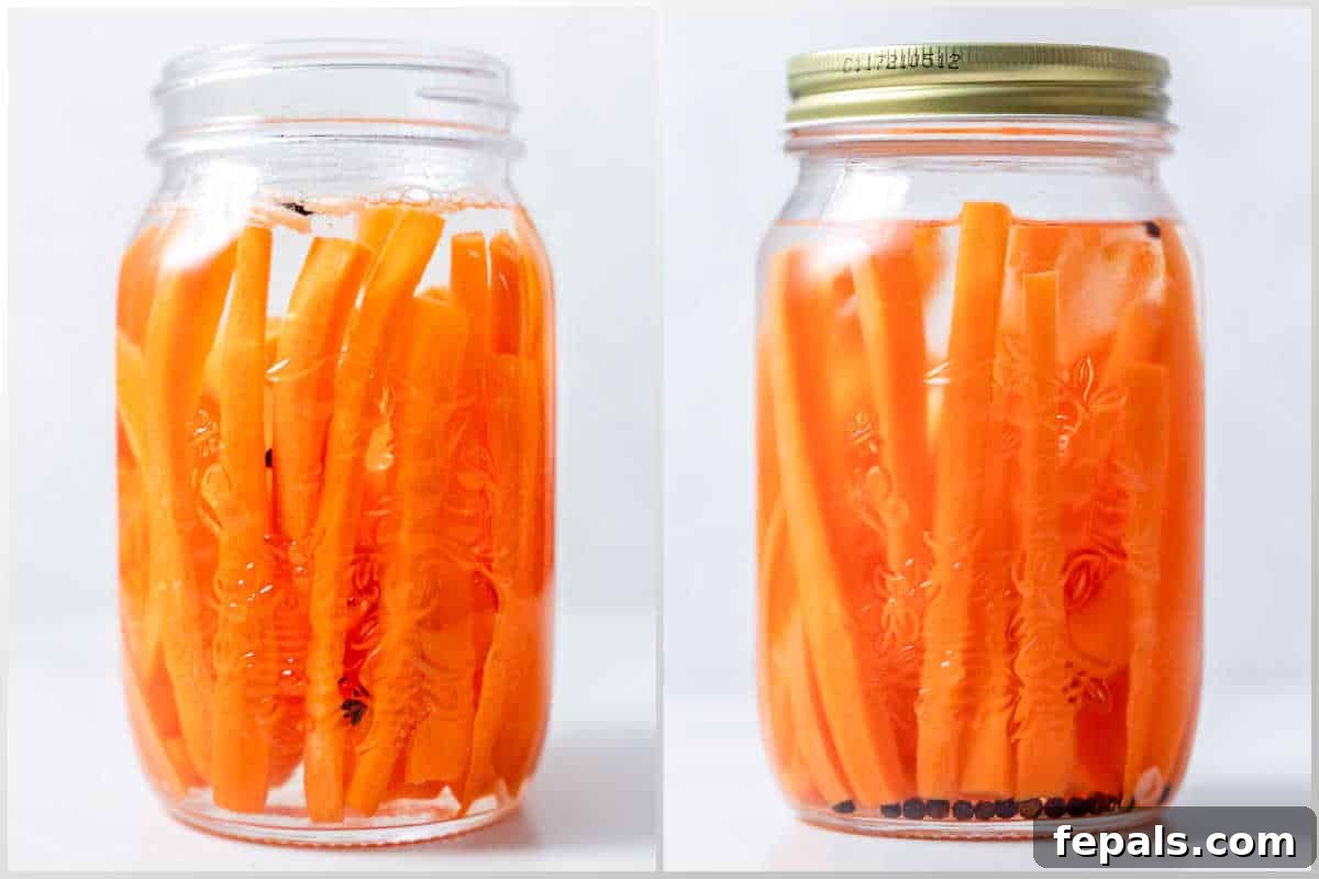 Crisp Homemade Pickled Carrots - Refrigerator Pickles Recipe 5 process shot to add the water, vinegar, garlic, and peppercorns in the jar with carrot sticks.