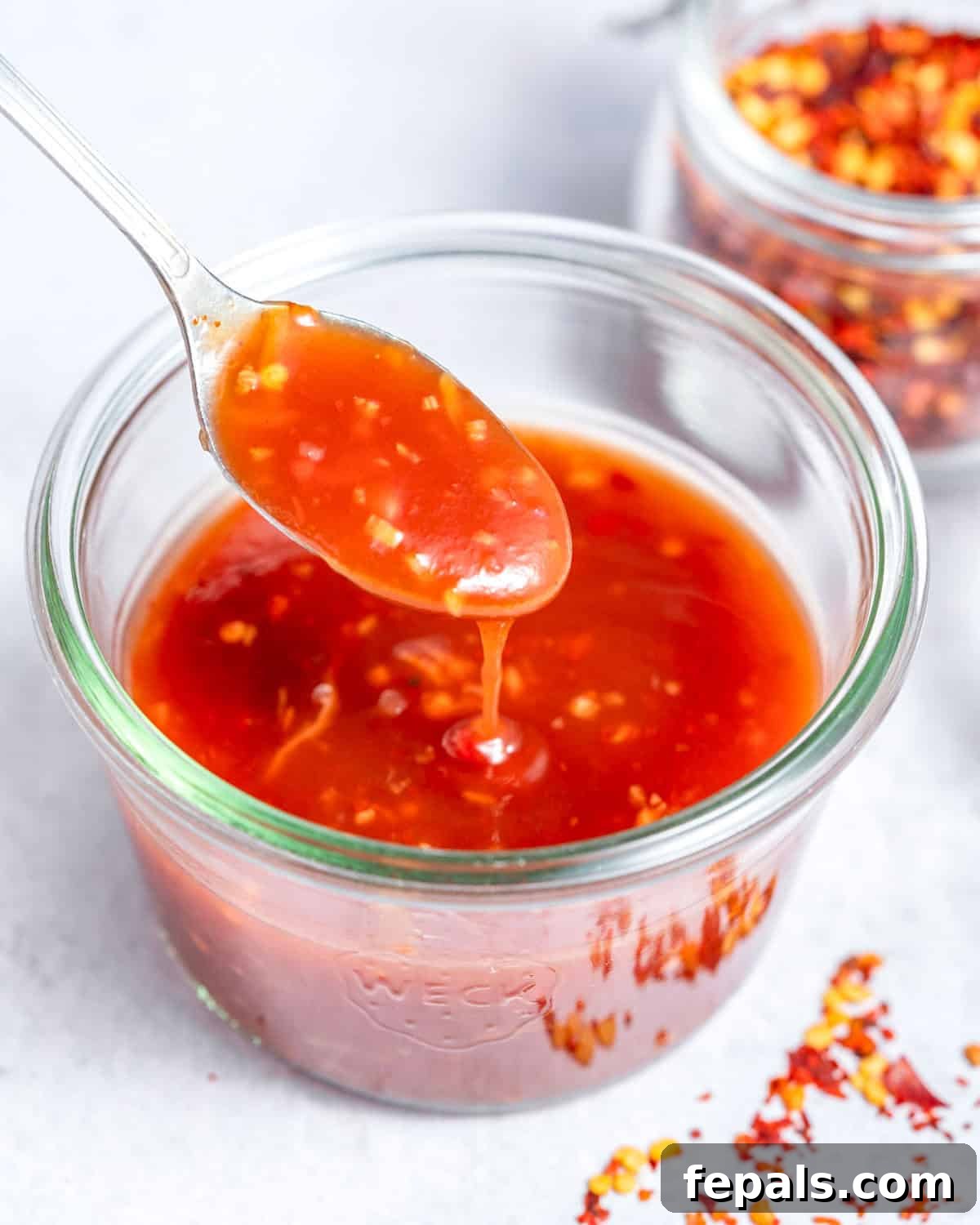 A jar of sweet chili sauce with a spoon drizzling it back into the jar.