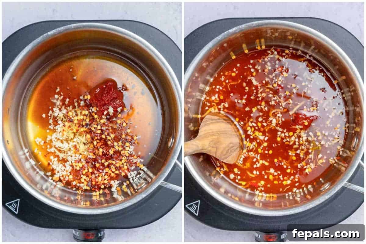 process shot to add the ingredients for the chili sauce in the pan and mixing it.