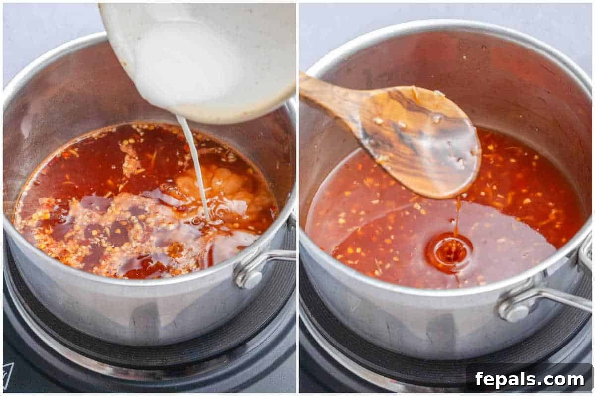 process shot of adding the cornstarch slurry in sauce and mixing.
