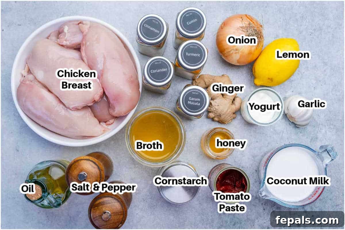 Creamy Chicken Korma with Greek Yogurt 3 Ingredients laid out for chicken korma.
