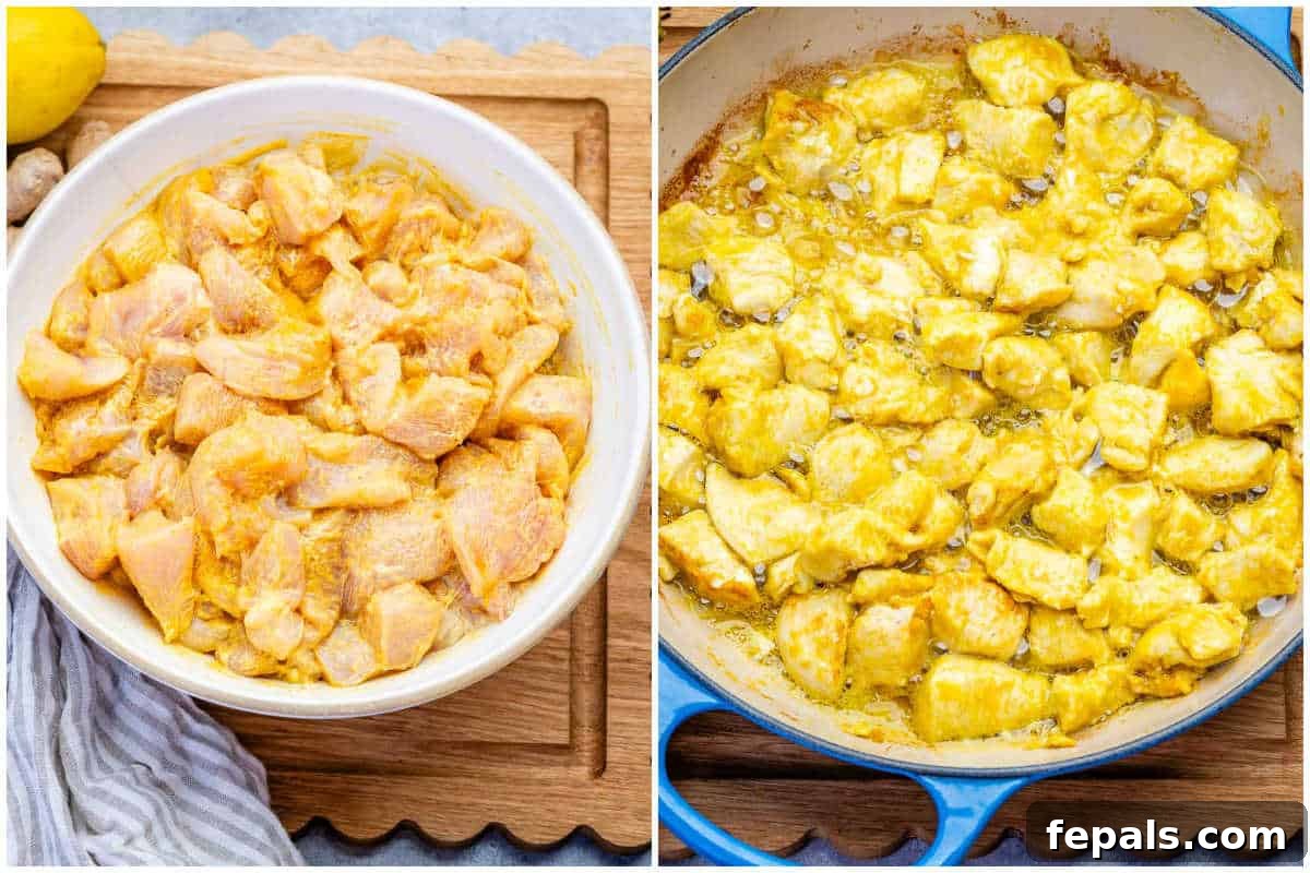 Creamy Chicken Korma with Greek Yogurt 4 process shot to season the chicken korma bites and then cooking in a pan.