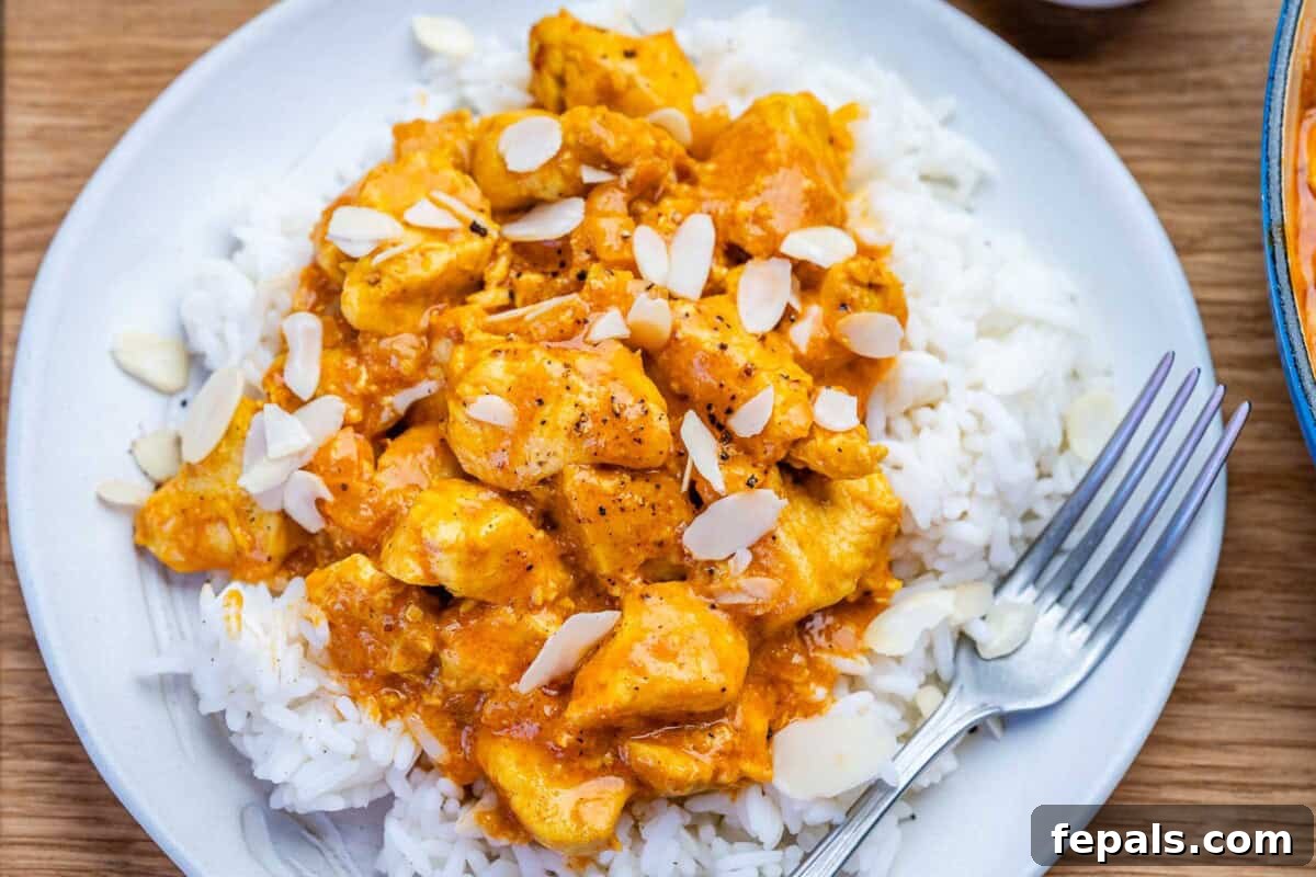 Creamy Chicken Korma with Greek Yogurt 6 chicken korma served over a plate of rice.