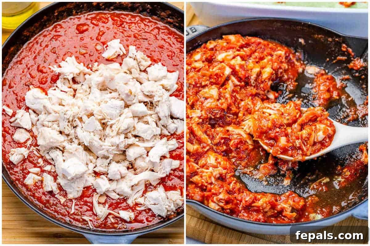 Creamy Chicken Lasagna with Cottage Cheese Recipe 5 adding the chicken to the sauce in the pan to make the base for the chicken lasagna.