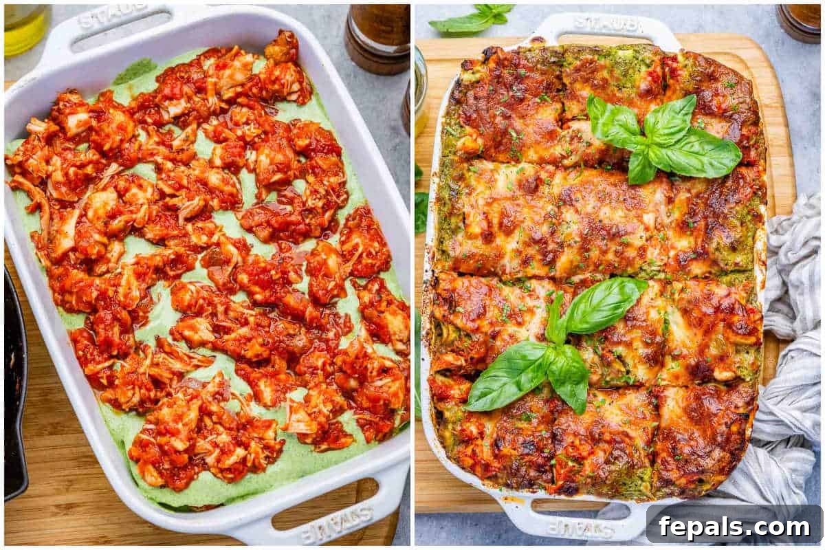 Creamy Chicken Lasagna with Cottage Cheese Recipe 6 assembling the chicken lasagna in a dish.
