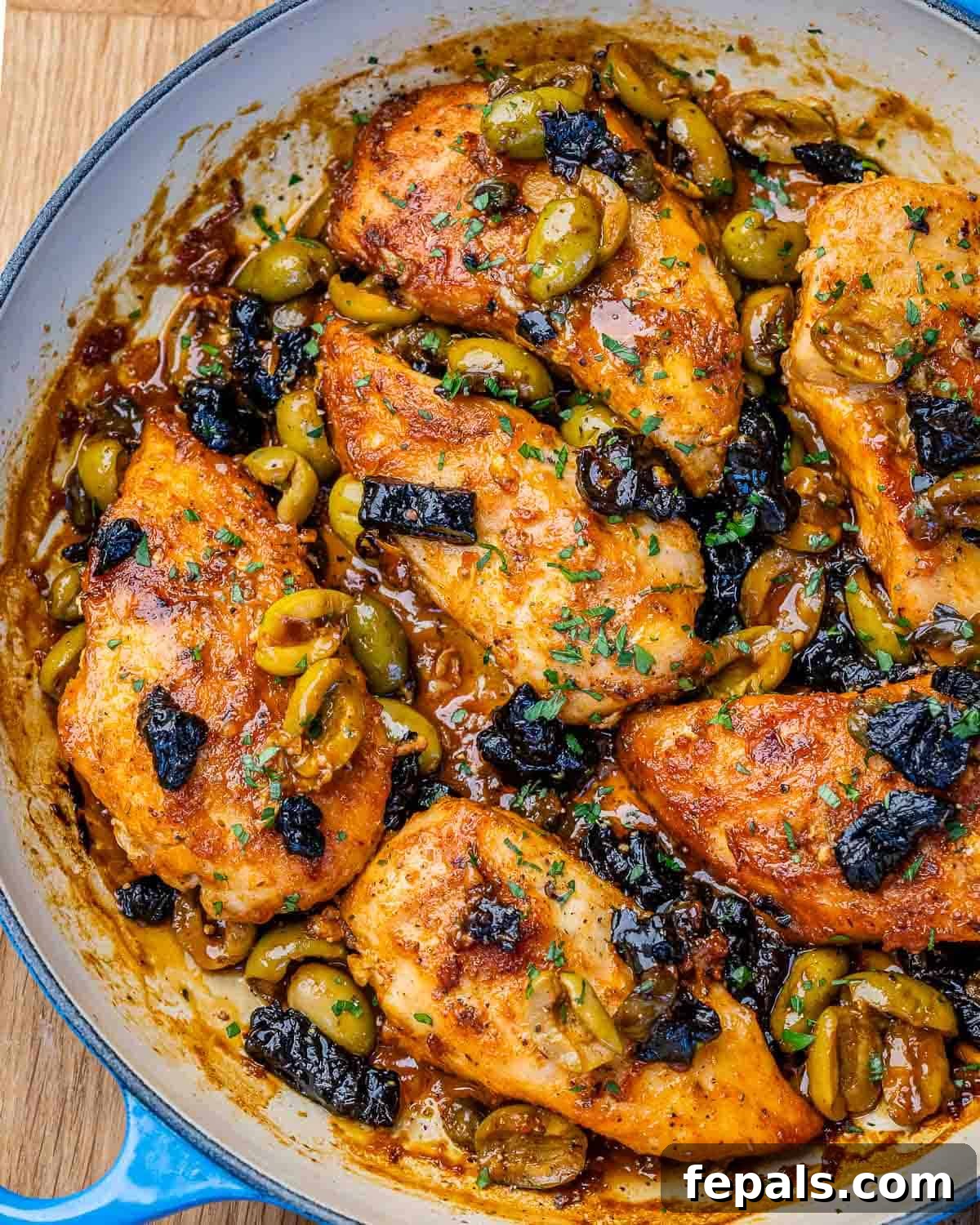 Savory Chicken Marbella with Olives and Prunes 2 A blue skillet with chicken marbella, olives, prunes and parsley.