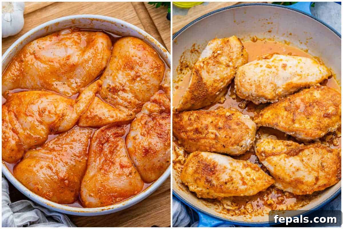 Savory Chicken Marbella with Olives and Prunes 4 process shot to season the chicken and cooking it on a pan.