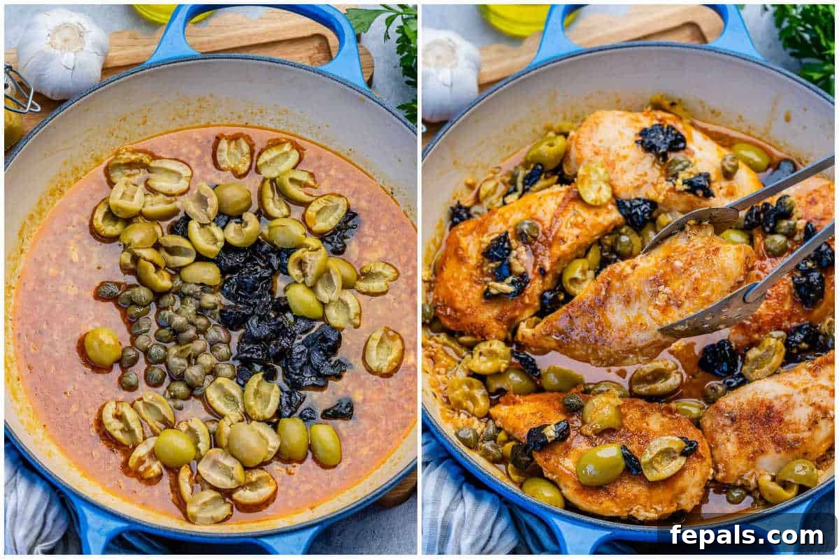 Savory Chicken Marbella with Olives and Prunes 5 process shot to make the sauce for the chicken marbella in a skillet and then adding the cooked chicken breast.