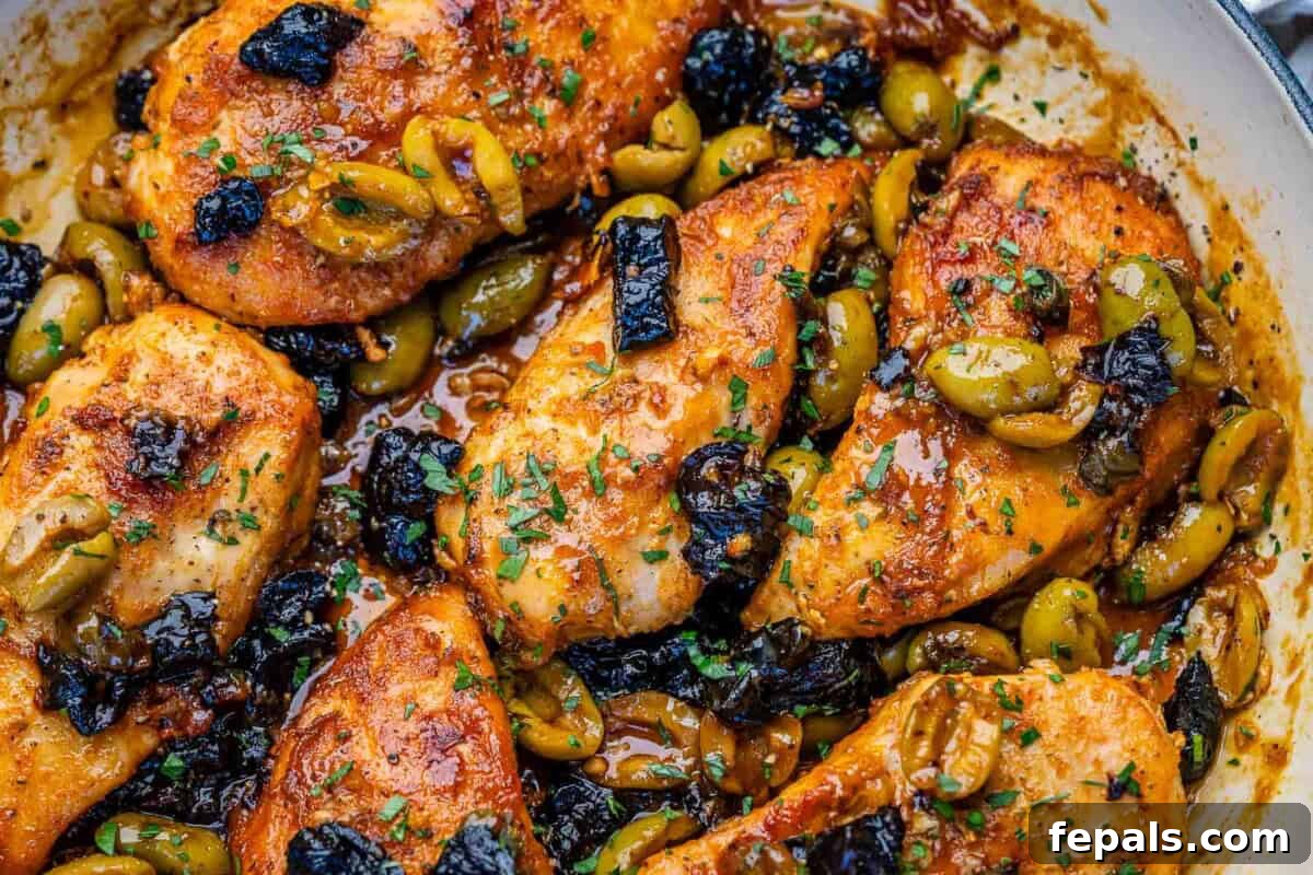 Savory Chicken Marbella with Olives and Prunes 6 cooked chicken marbella with prunes and olives in a skillet.