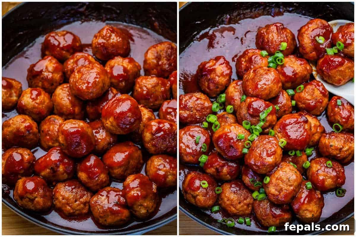 Meatballs coated in sauce and garnished with green onions.