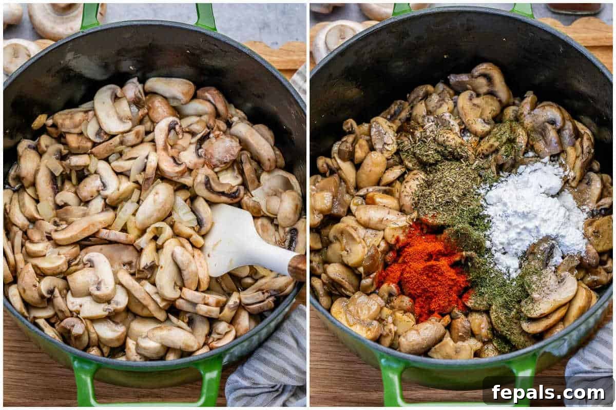 Process shot to sauté the mushrooms in a pot and add seasonings.