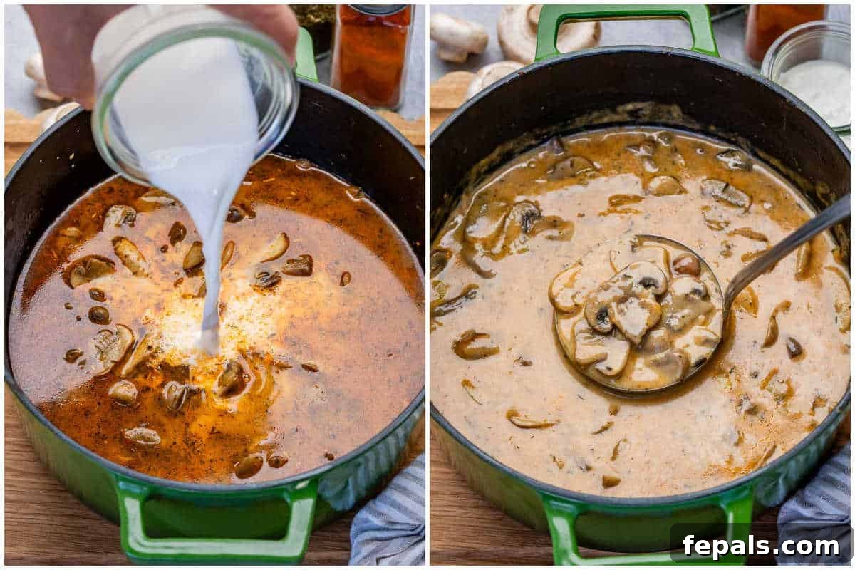 pouring milk into the pot of soup with mushrooms. 