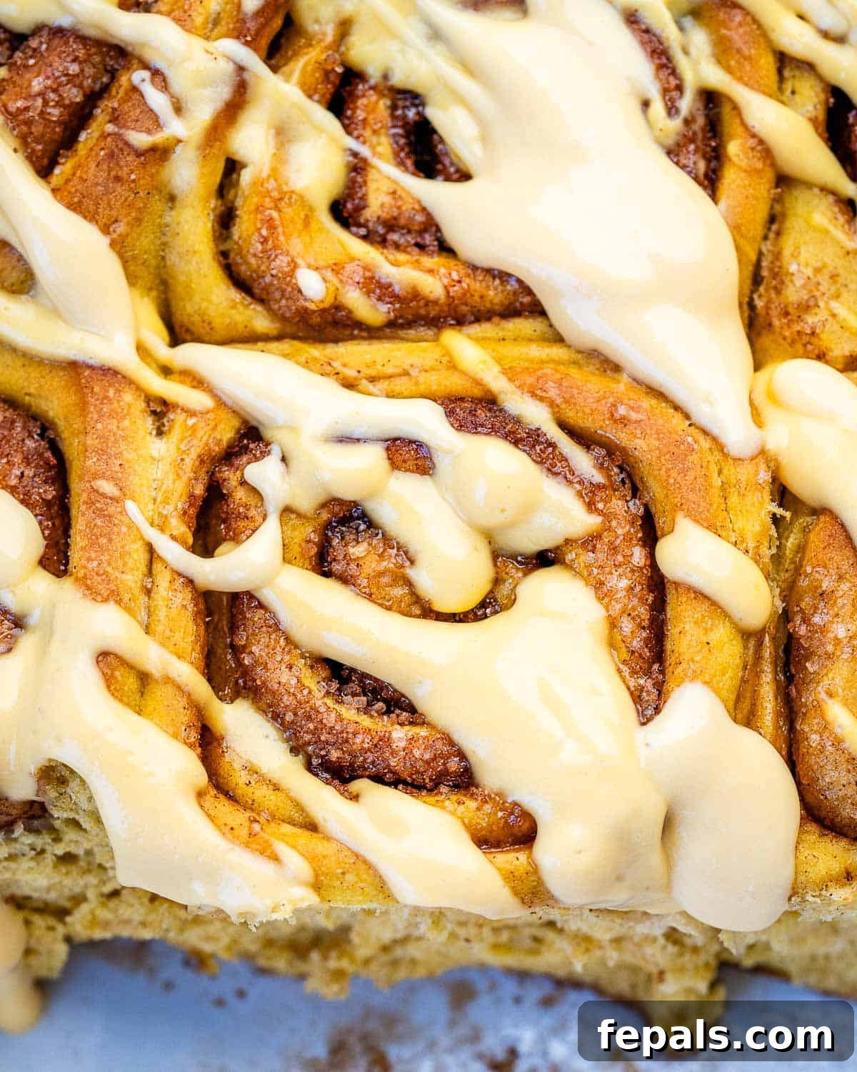 A pan of pumpkin cinnamon rolls drizzled with a maple yogurt glaze.