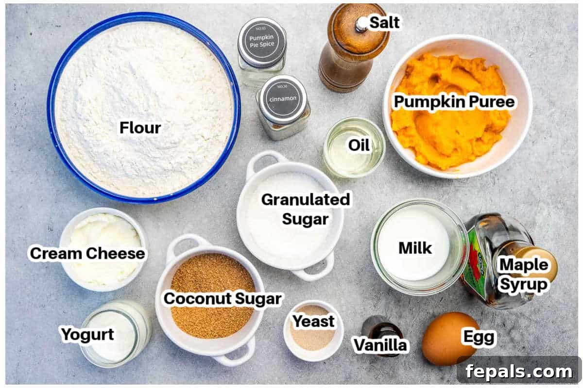 ingredients to make pumpkin cinnamon rolls.