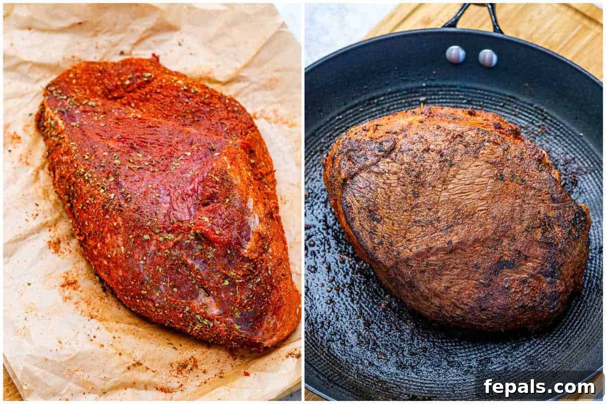 process shot of seasoning the chuck roast and then searing in pan.