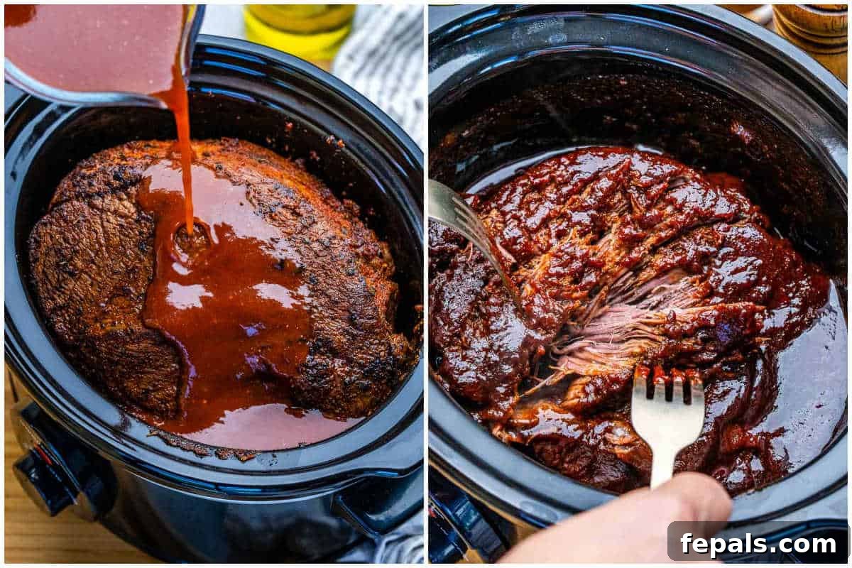 process shot of pouring the sauce over chuck roast in the slow cooker, and then shredding it.