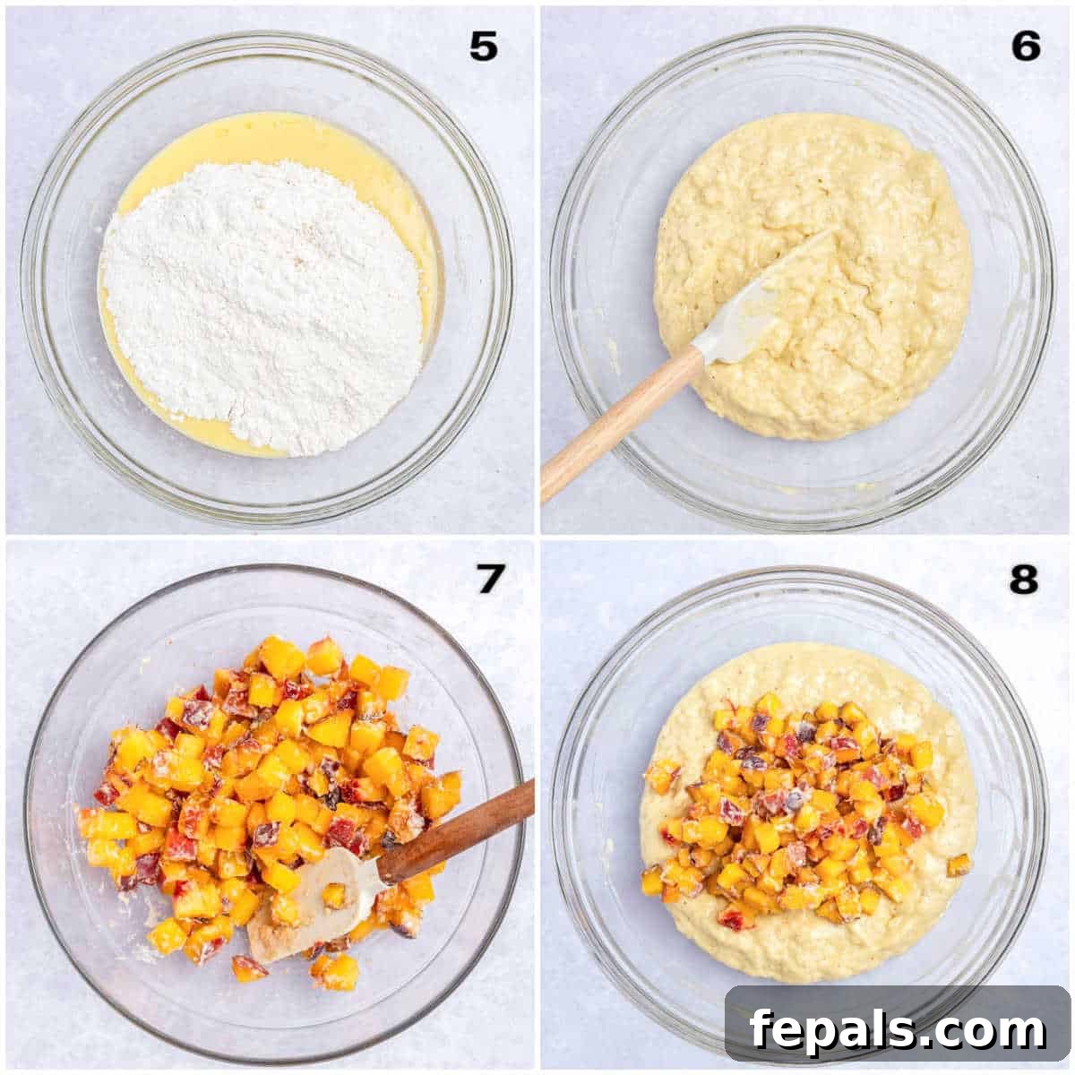 Moist Greek Yogurt Peach Muffins with Fresh Peaches 5 process shot to make the batter and adding the peaches to the batter.