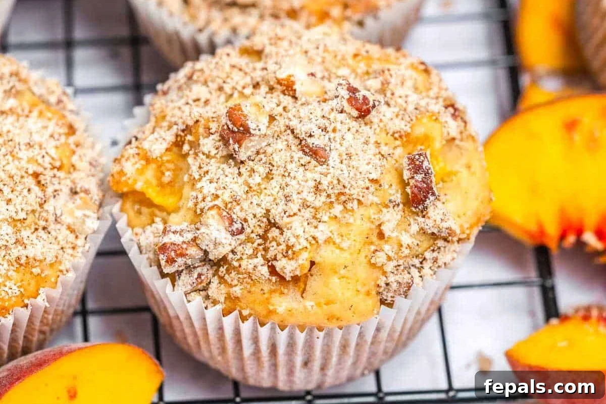 Moist Greek Yogurt Peach Muffins with Fresh Peaches 7 Peach muffins on a rack.