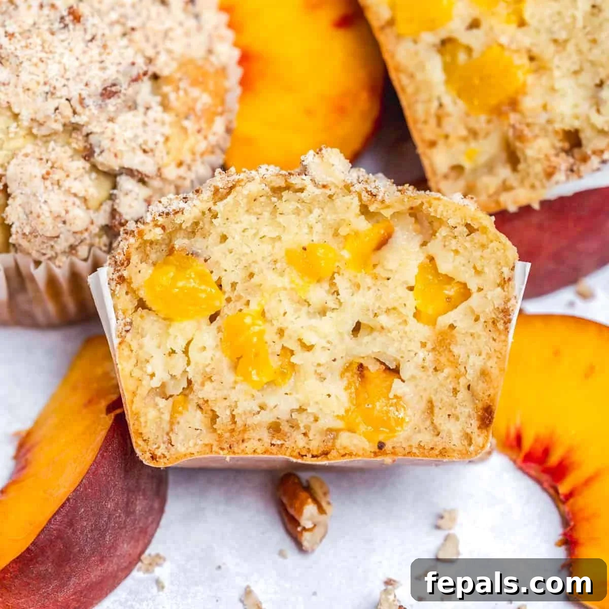 Moist Greek Yogurt Peach Muffins with Fresh Peaches 8 Sliced the muffin in half to show the inside of it with peach morsels.
