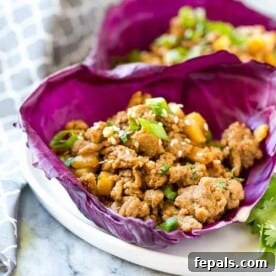 Asian cooked ground chicken in purple cabbage cups on a white plate
