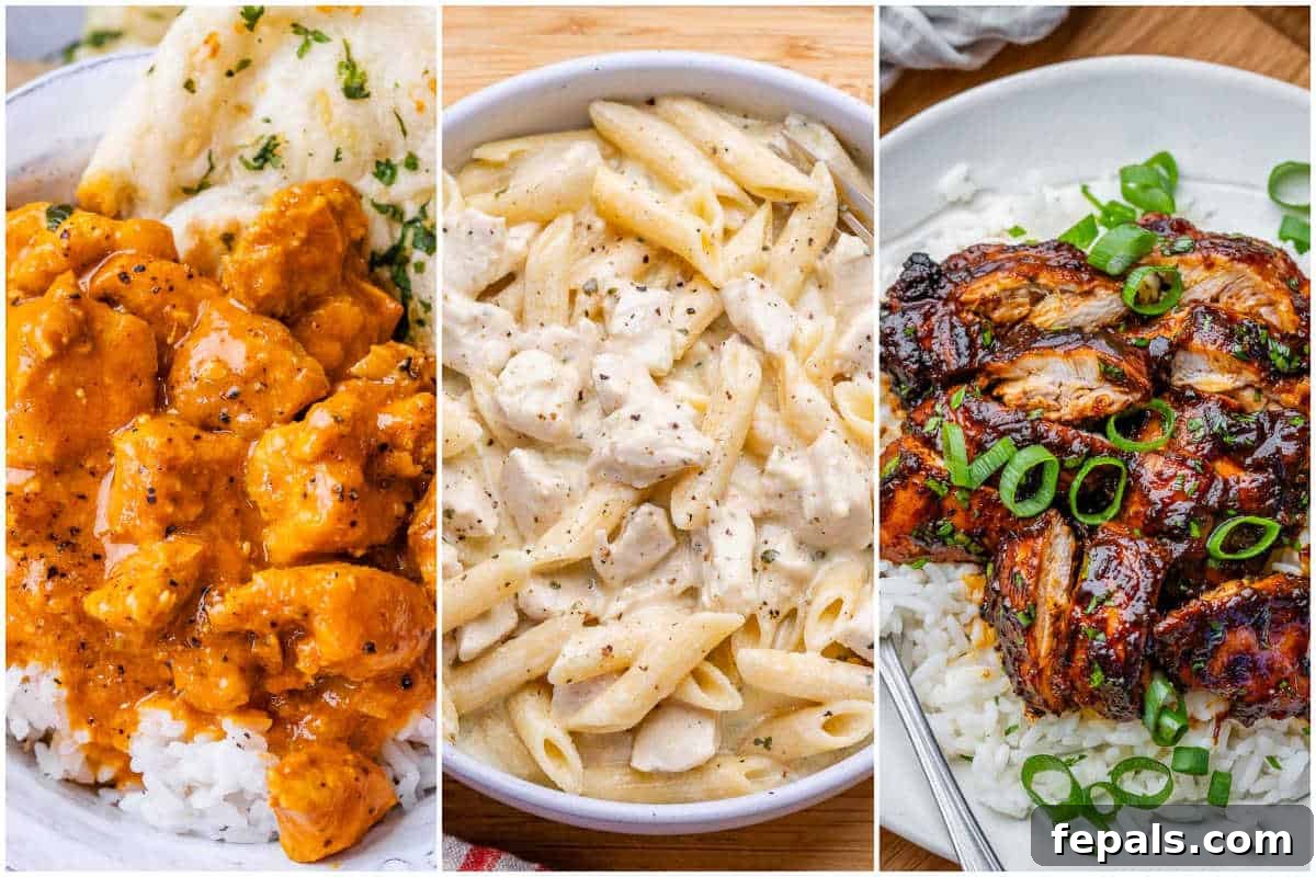 Slow Cooker Chicken Recipes and Crockpot Dinner Ideas 2 collage for 3 slow cooker chicken dishes.