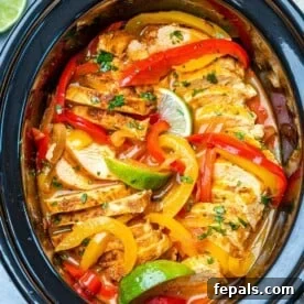 top view of chicken fajitas in a crockpot