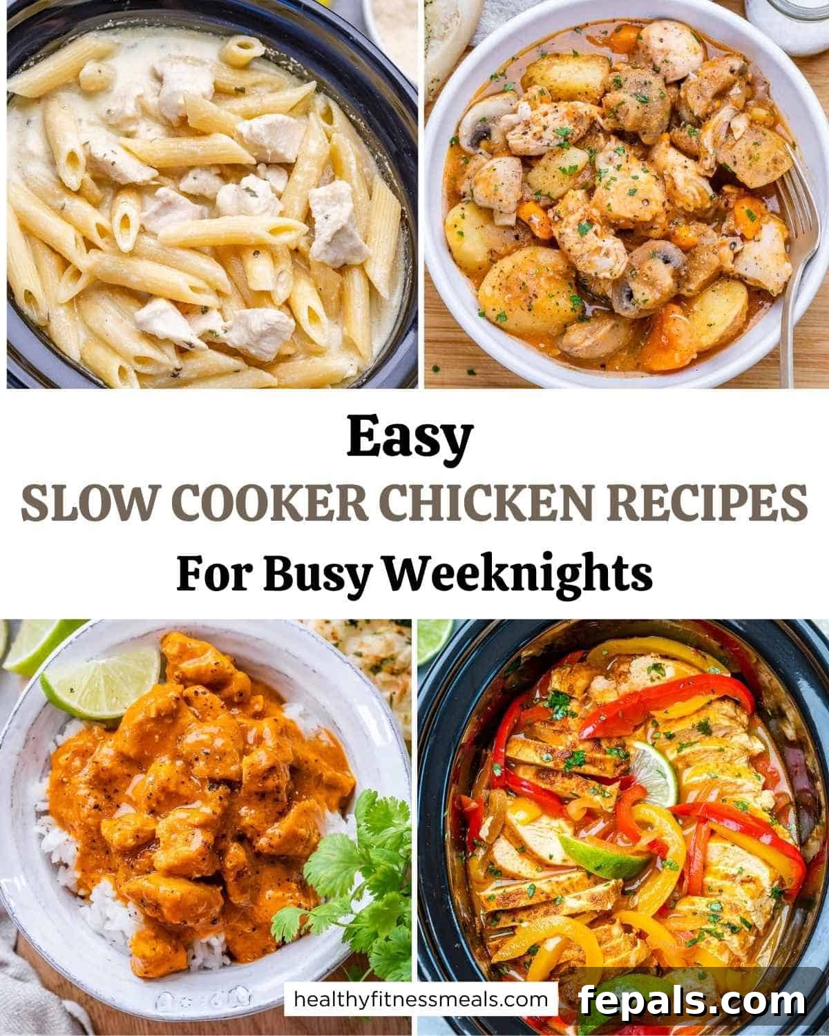 Slow Cooker Chicken Recipes and Crockpot Dinner Ideas 14 collage for 4 dishes for slow cooker chicken recipes.