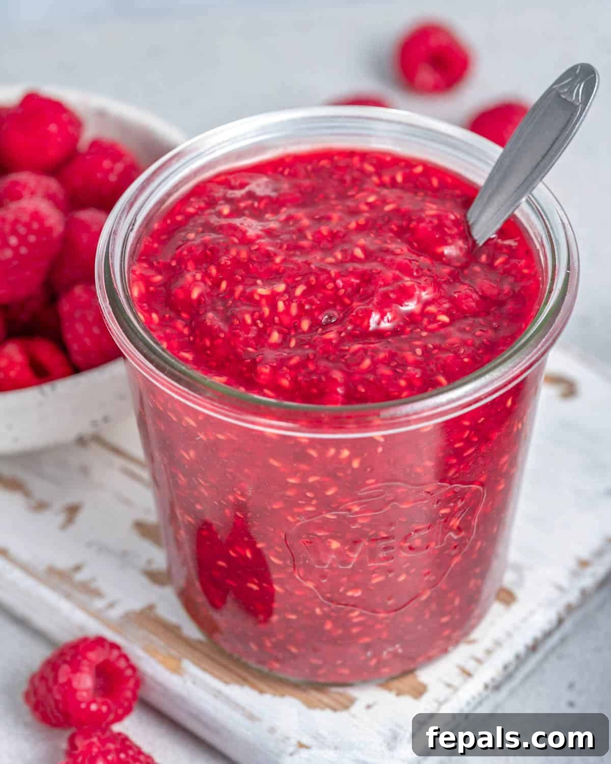 A jar of raspberry jam with a spoon in it.