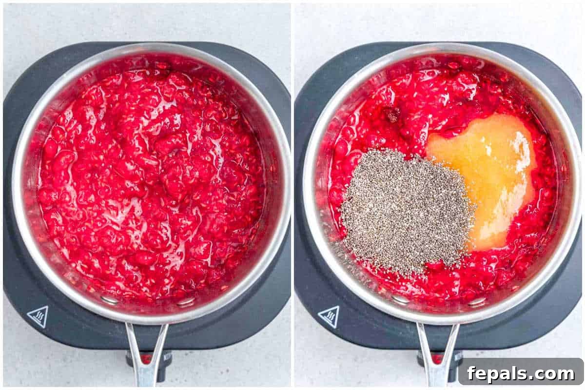 process shot to mash the raspberries in a pan and add honey and chia seeds.