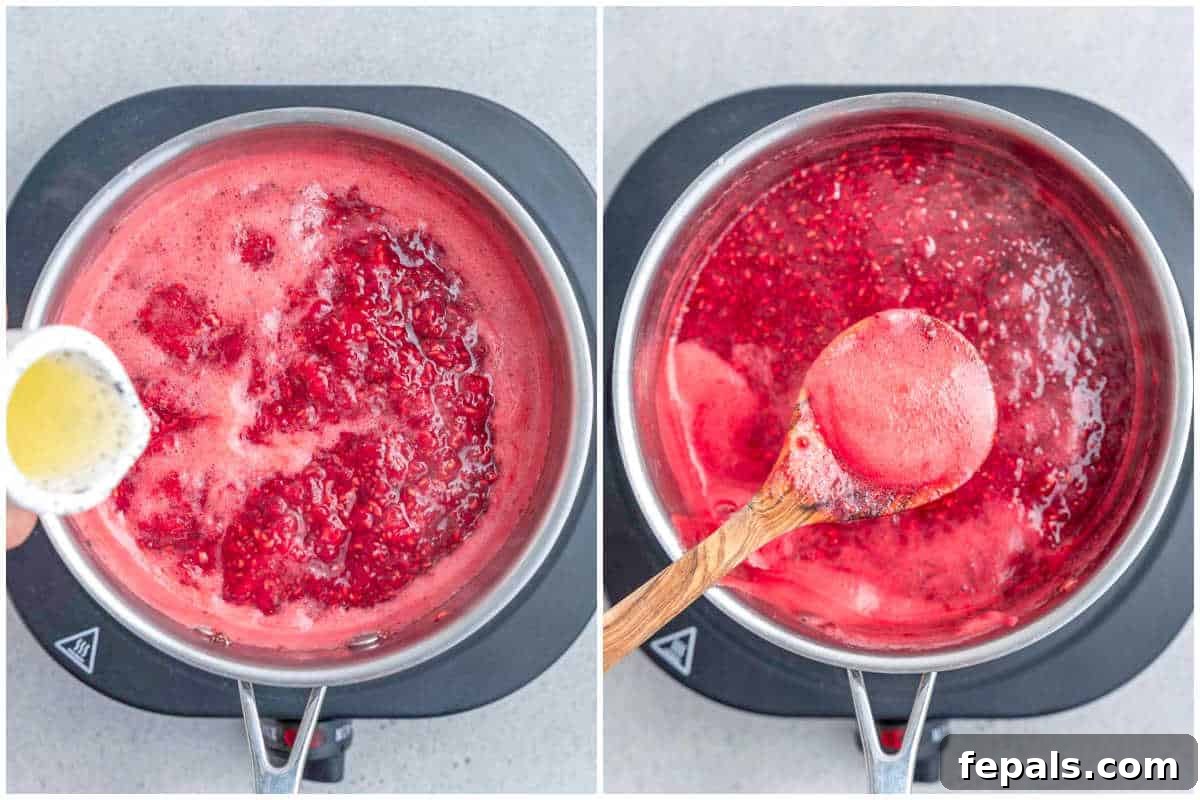 process shot to add lemon juice to the pan and cooking the raspberries.