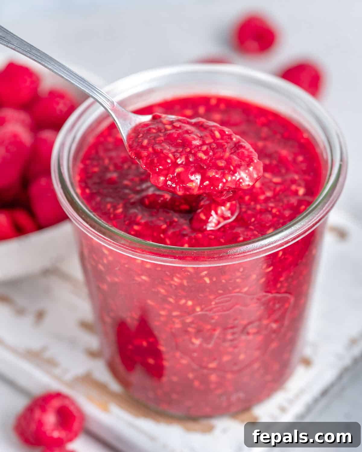 spoonful of raspberry jam in a jar.